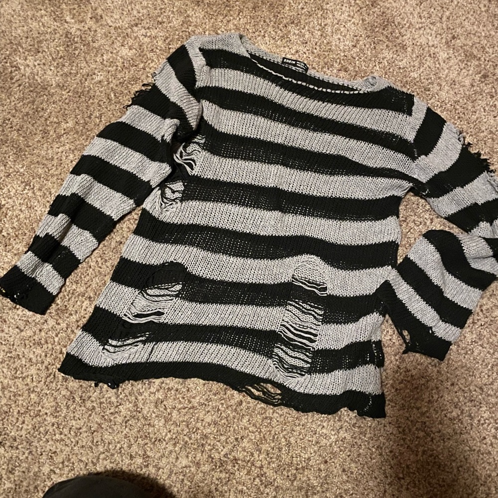 Shein black and gray striped sweater with distressed detailing. Small